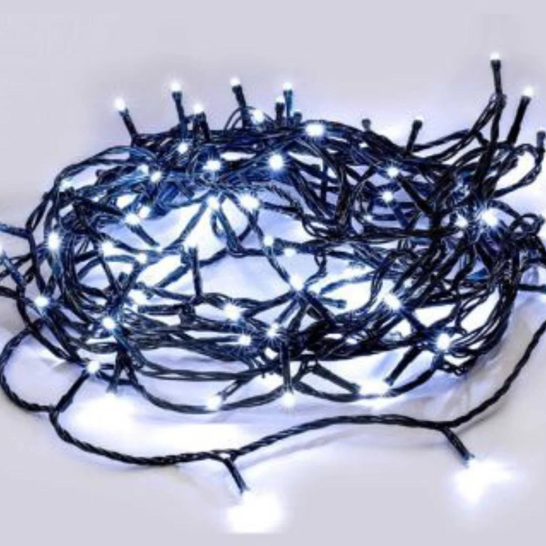 100 LED Fairy Light Chain Dark Green Cable - White
