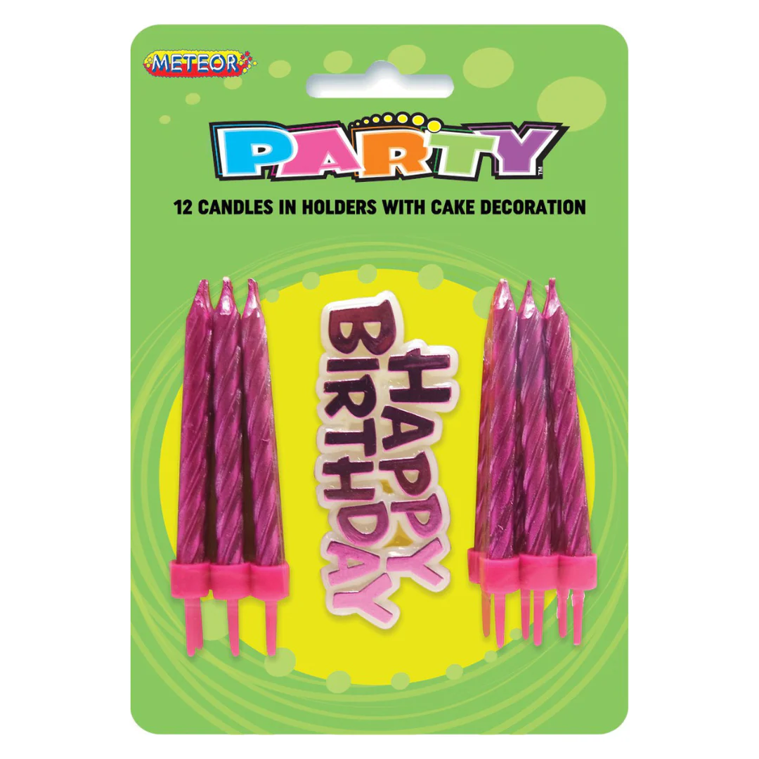 12 Candles In Holders With Cake Decoration - Pink