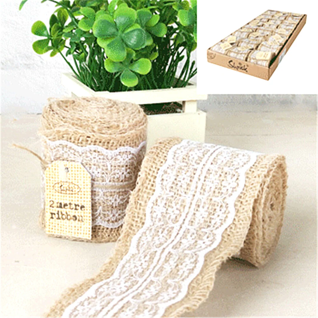 Hessian Ribbon W/Lace-White 2M
