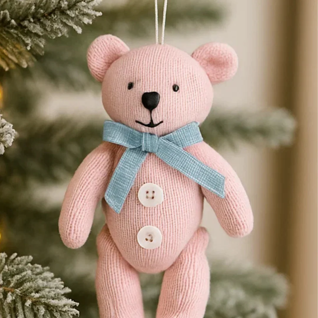Pink Fabric Teddy Hanging Christmas Deco 21cm