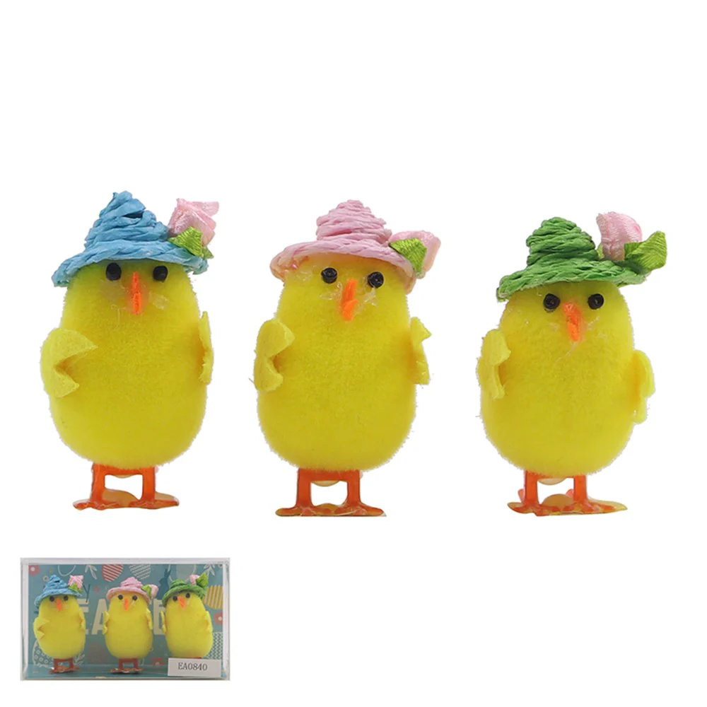 3Pk Chenille Chick Wearing Hat 6Cm