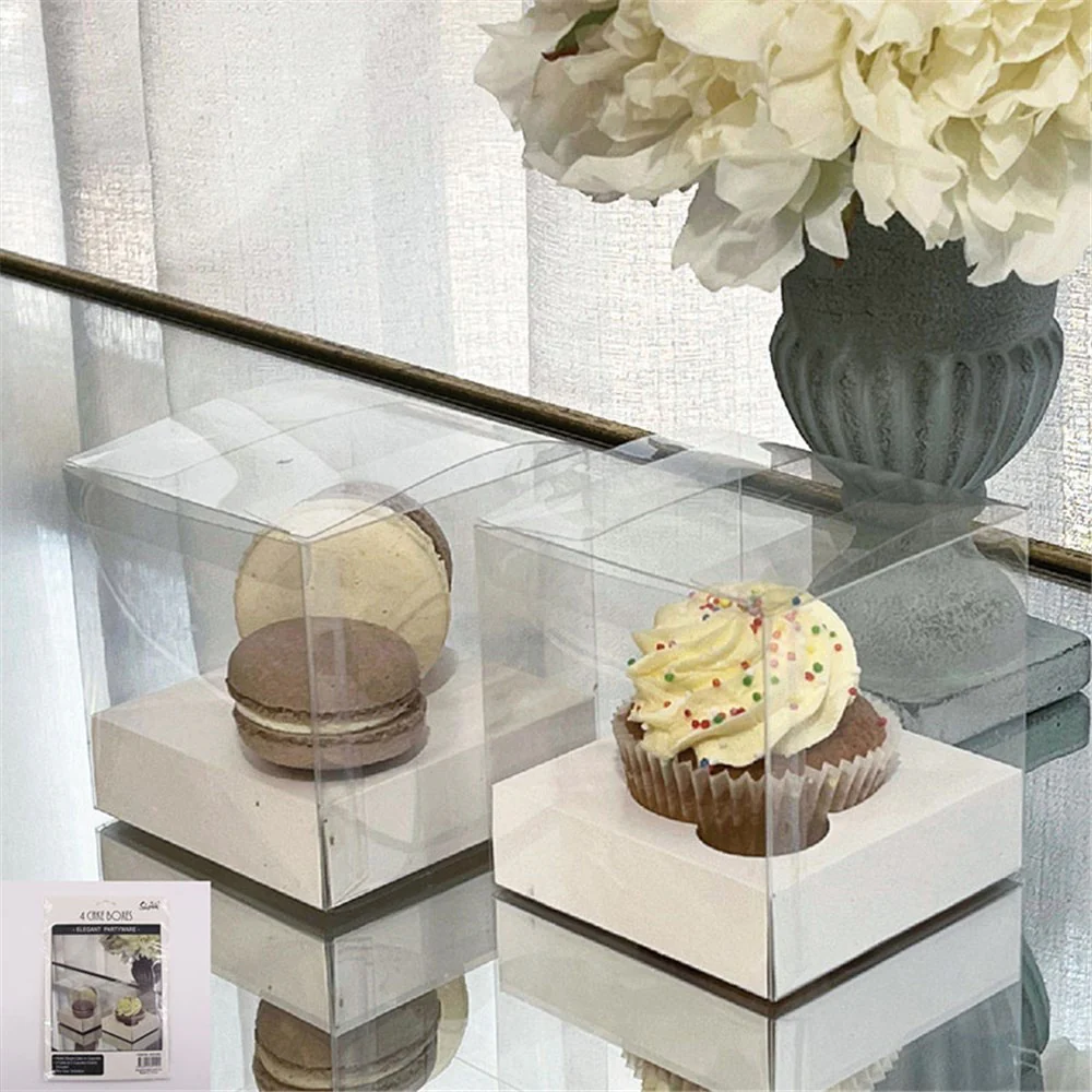 4 Clear Cupcake Box W/ White Inserts 4Pk 9X9X9Cm