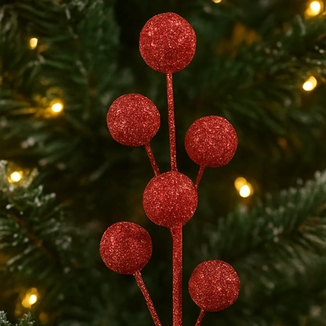 6 Ball Red Glitter Stem 46cm