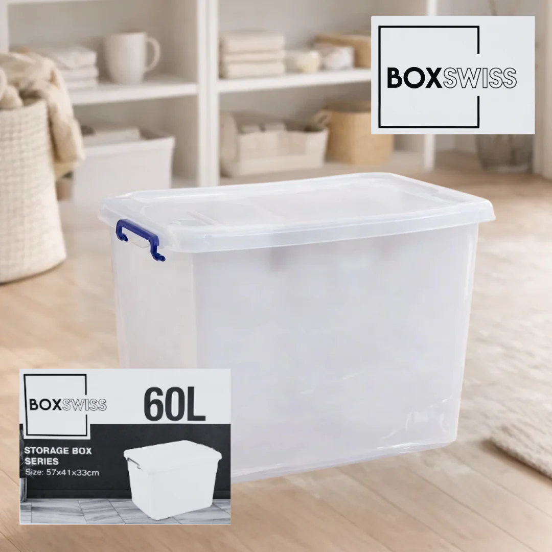 PLASTIC STORAGE BOX 60L +WHEELS BLACK HANDLES