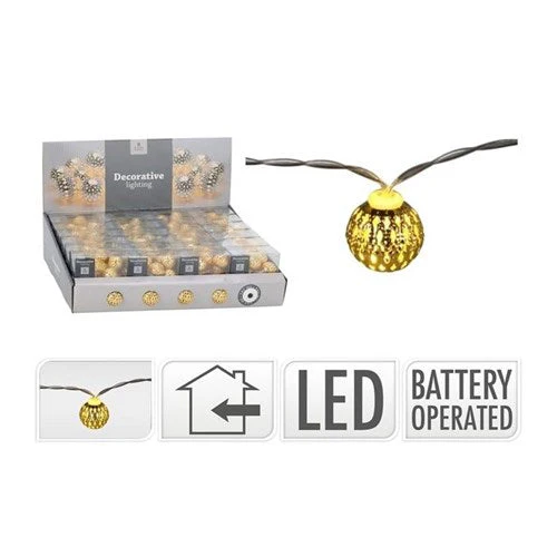 8 Led Lights Gold With Metal Deco Battery Operated