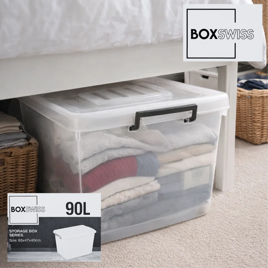 PLASTIC STORAGE BOX 90L +WHEELS BLACK HANDLES