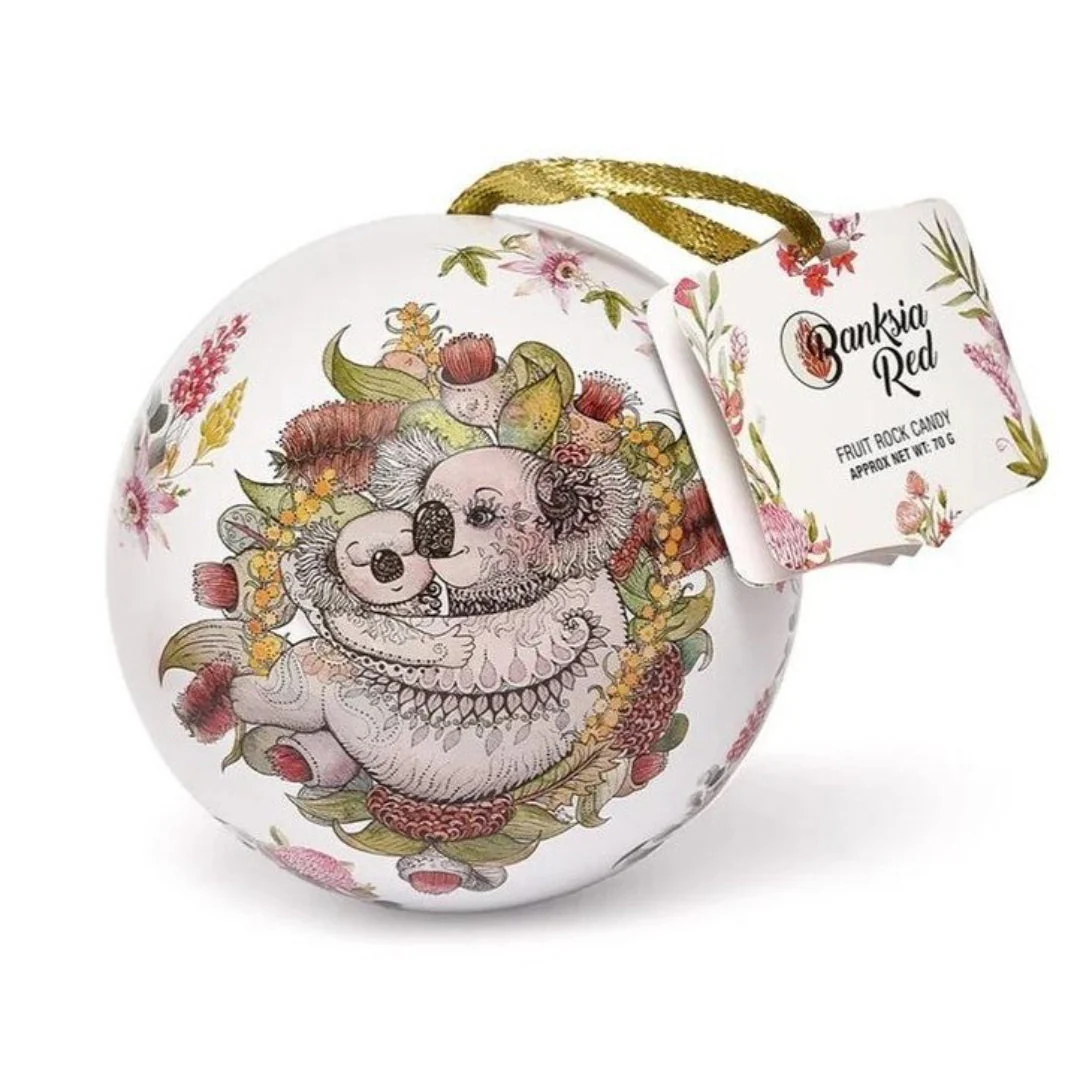Banksia Red Christmas Koala Bauble Tins Contains 70 grams of handmade Rock Candy Collectable Tin