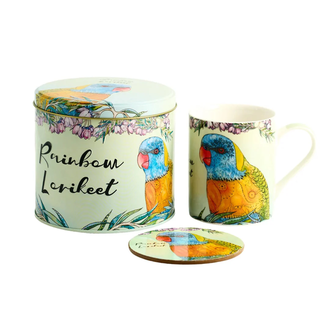 Banksia Red Rainbow Lorikeet mug and coaster in a collectable tin