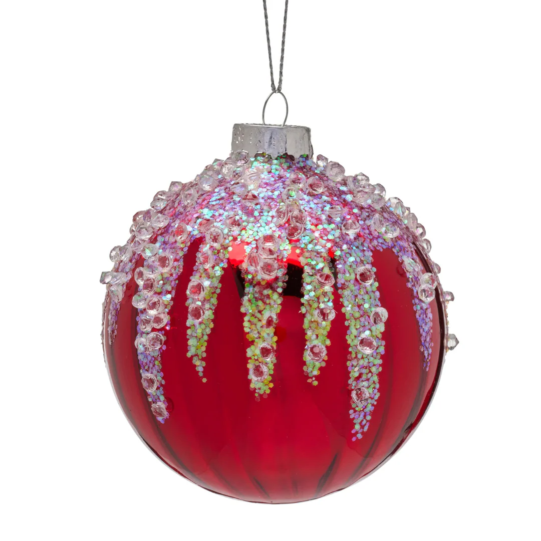 Bauble Rich Red Glass with Sequin Frosting 8cm