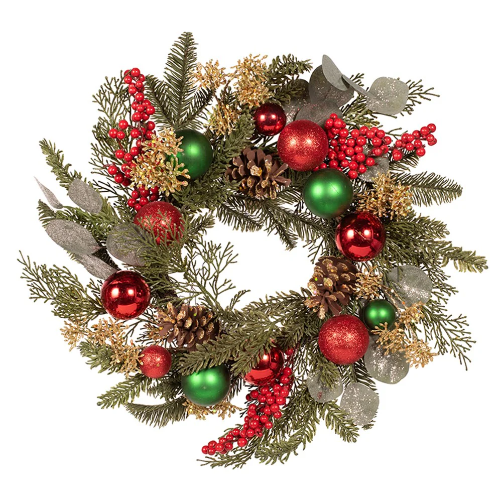 50CM RED & GREEN BAUBLE WREATH W/PINECONES