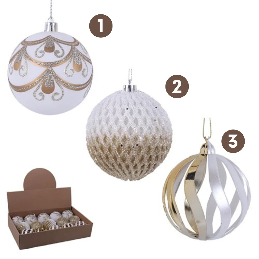 Baubles White & Gold 8cm In Pdq 3 Asstd