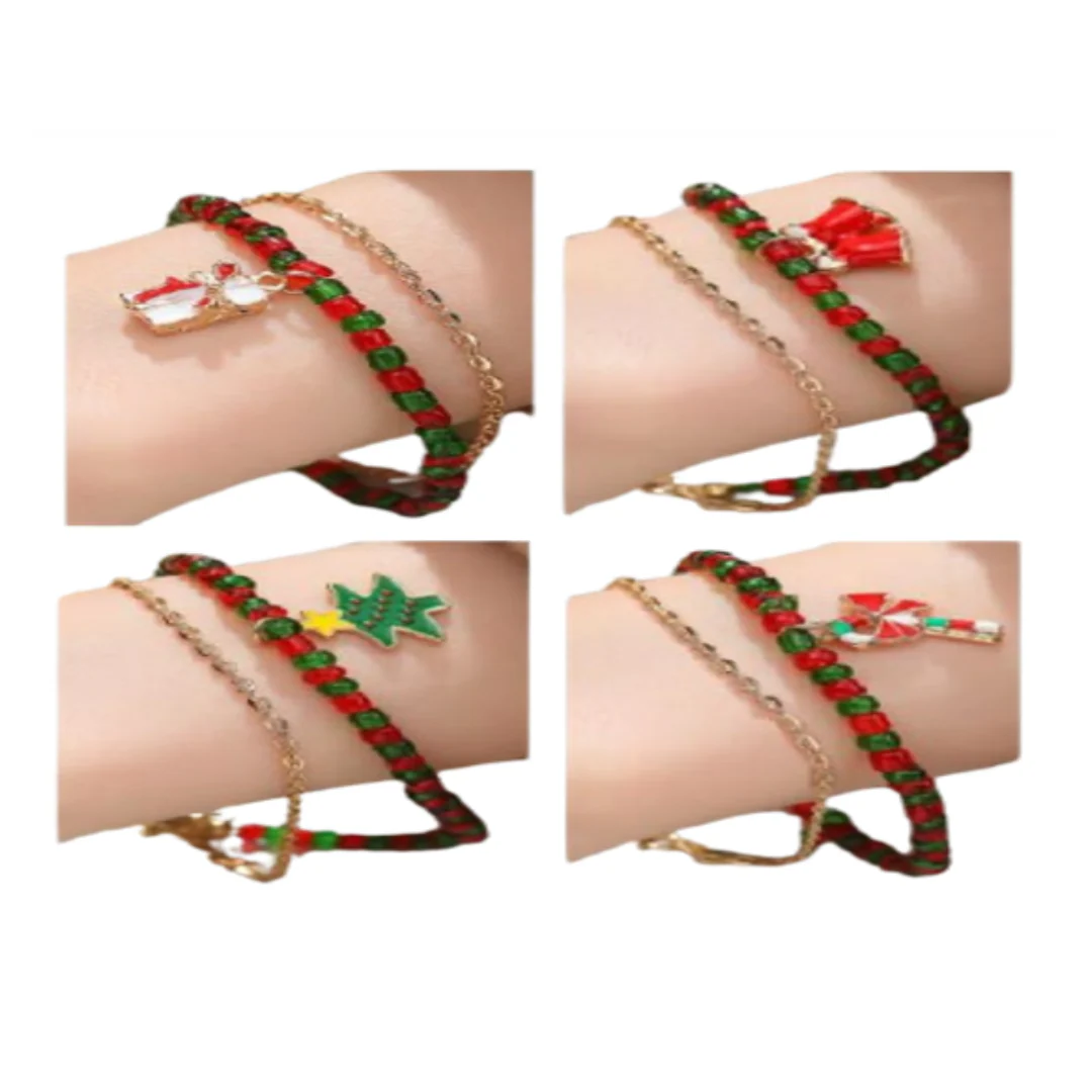 Bead And Chain Bracelet With Alloy Charm Set Red Green Bead 2pc Assorted