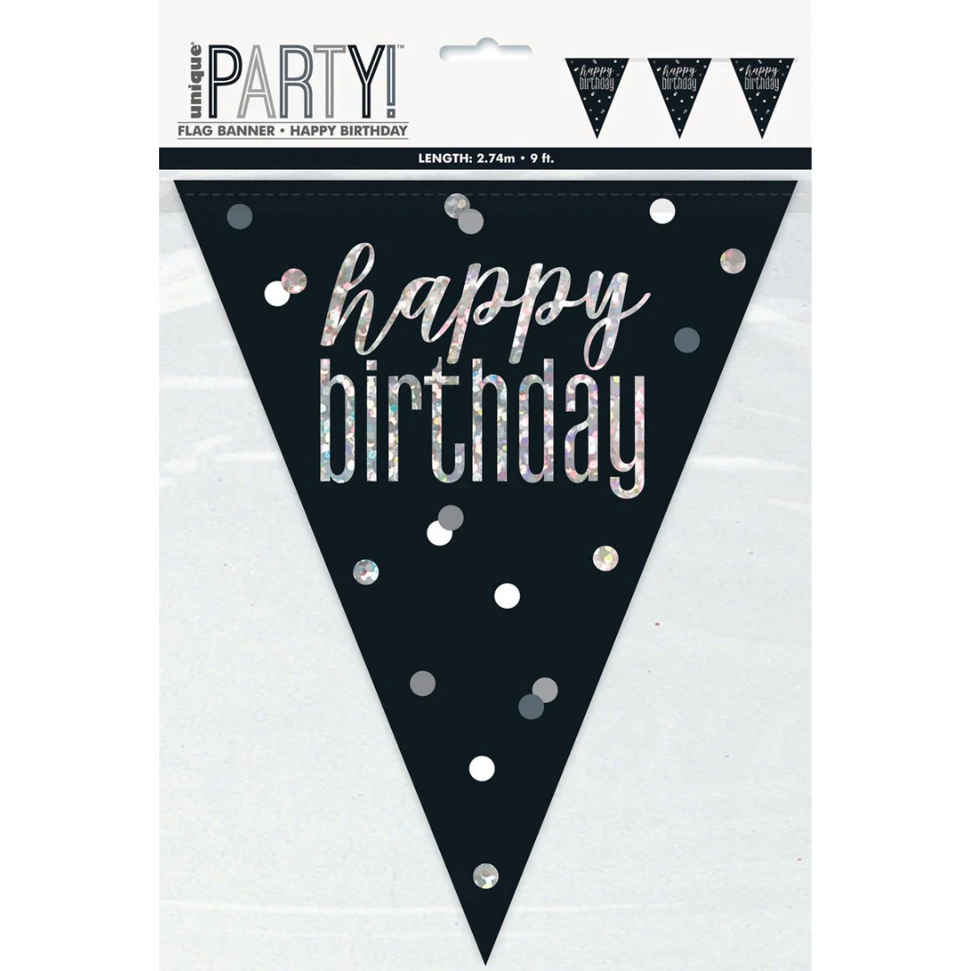 Black And Silver Prismatic Foil Flag Banner - Happy Birthday 9ft
