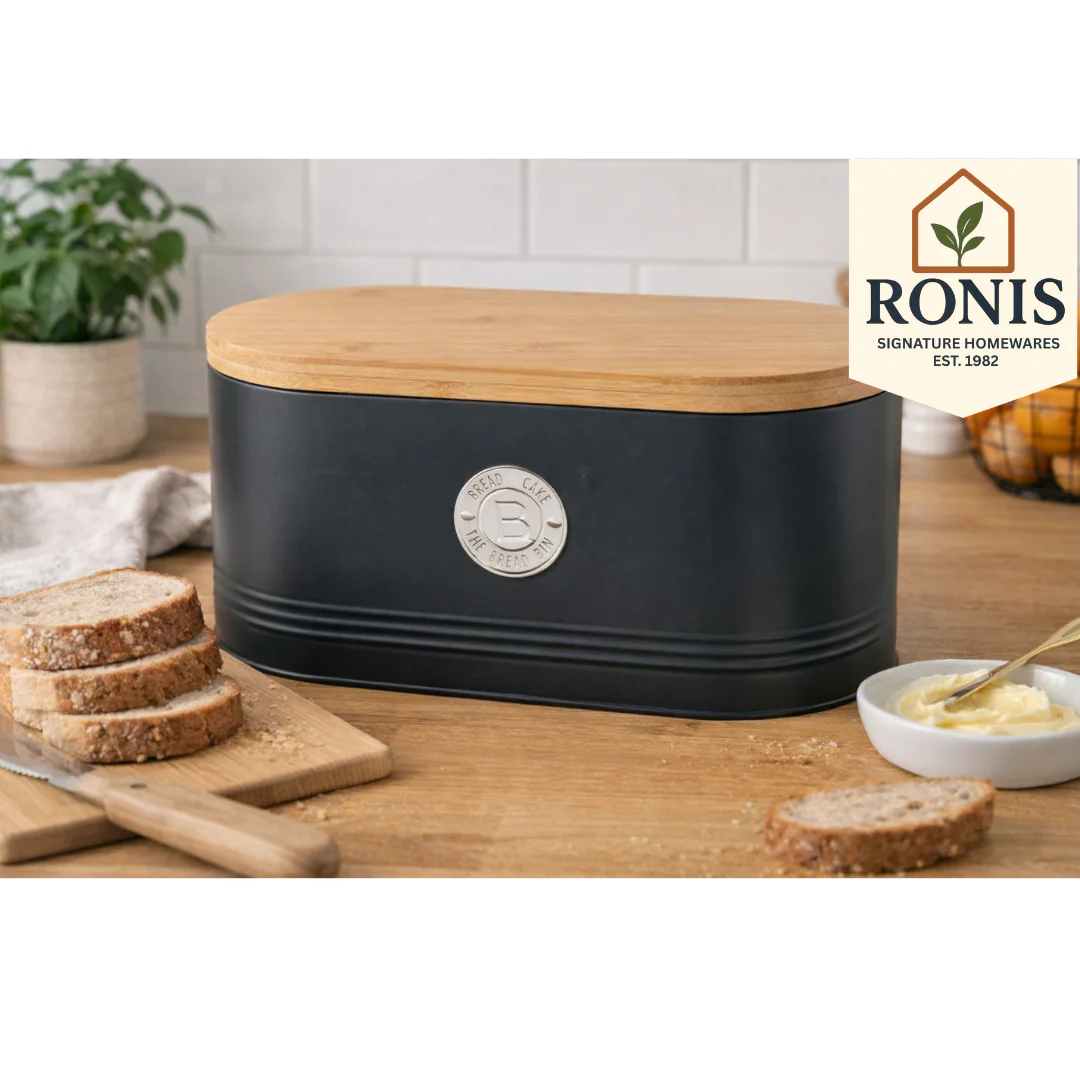 Bread Bin Embossed Line Bamboo Lid Black 34x18x16cm