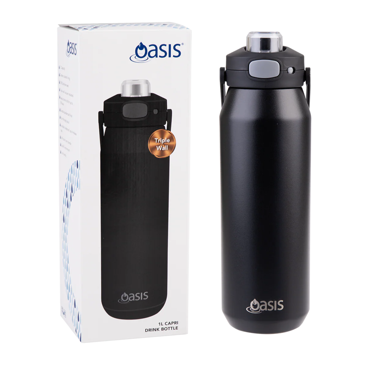 Oasis Capri Ceramic Lined Stainless Steel Triple Wall Insulated Drink Bottle 1 Litre Black