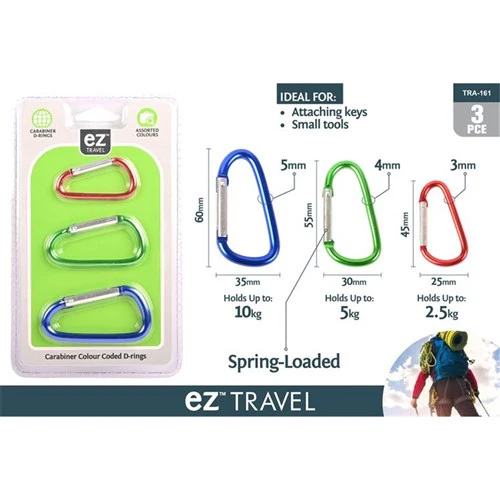Carabiner Colour D Ring Travel Set 3pc