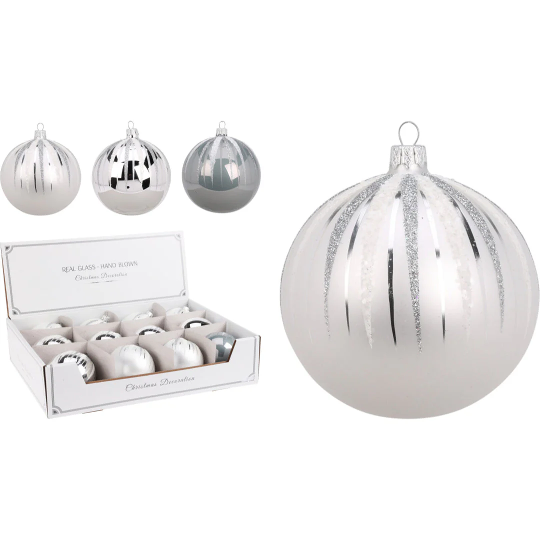 Christmas Bauble 80Mm Glitter 3 Assorted Clear