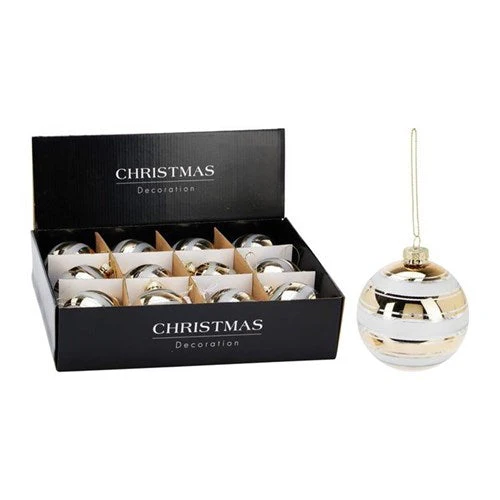 Christmas Bauble 8cm Glass Gold/White