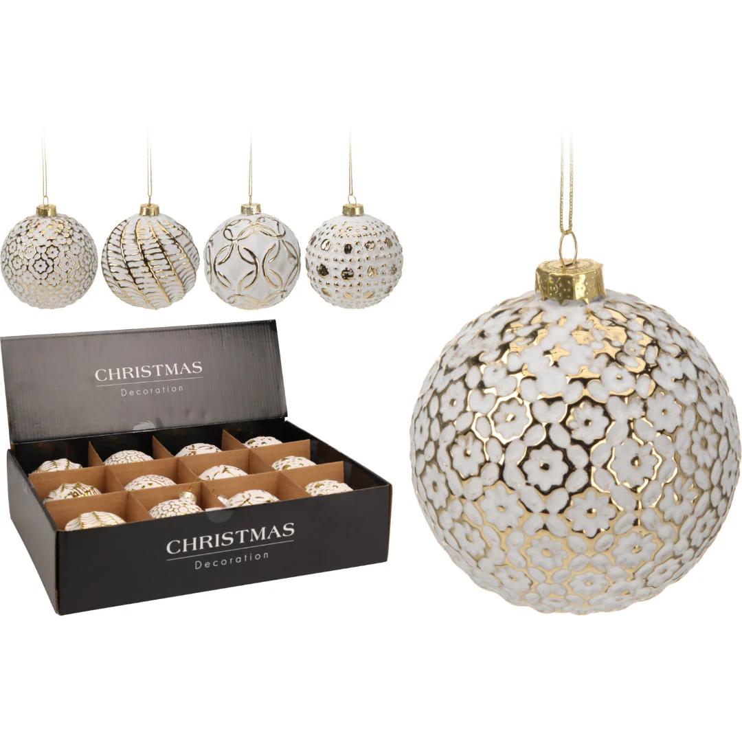 Christmas Bauble Glass 8cm White Gold