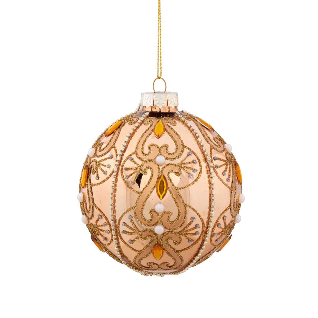 Christmas Bauble Gold Patterned Glass with Jewels 10cm