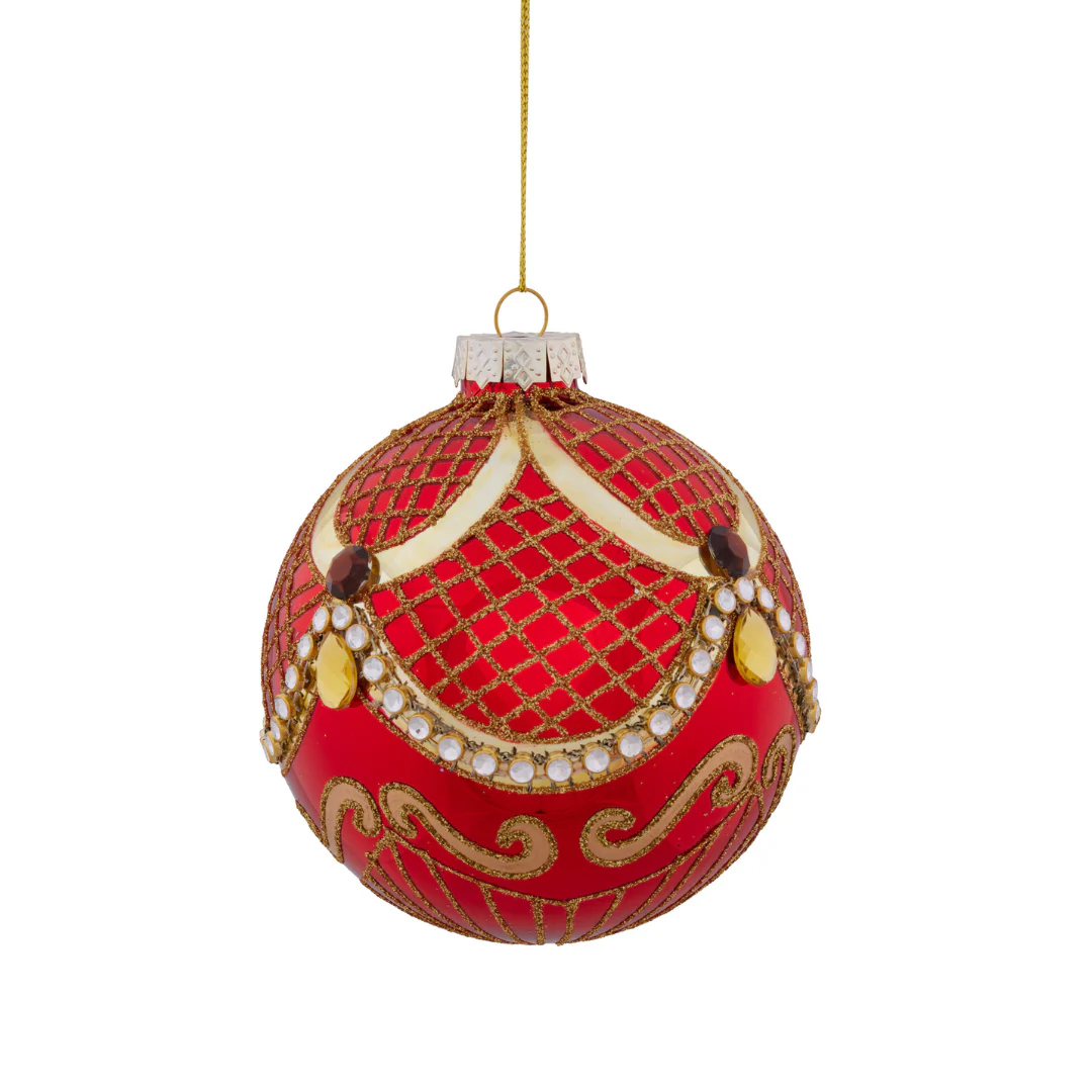 Christmas Bauble Red Glass with Mesh Pattern & Jewels 10cm