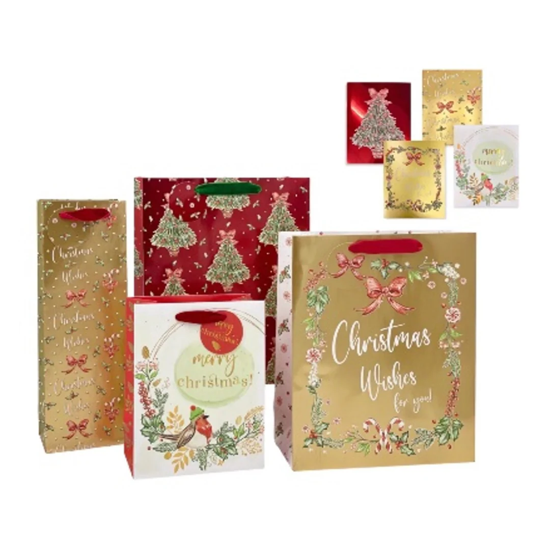 Christmas Bottle Bag Luxurious Red & Gold Foil 39x12x9xm 4 Asstd