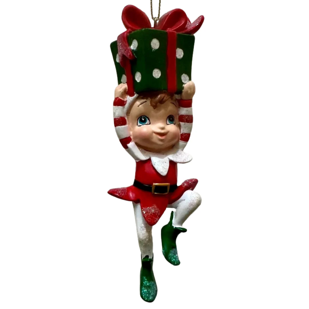 Christmas Decoration Elf with Present 12cm - Image 2