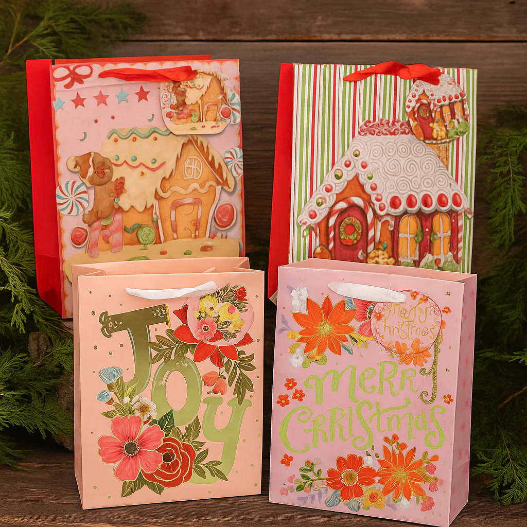 Christmas Gift Bag Floral Pink Foil/Glitter Medium Assorted