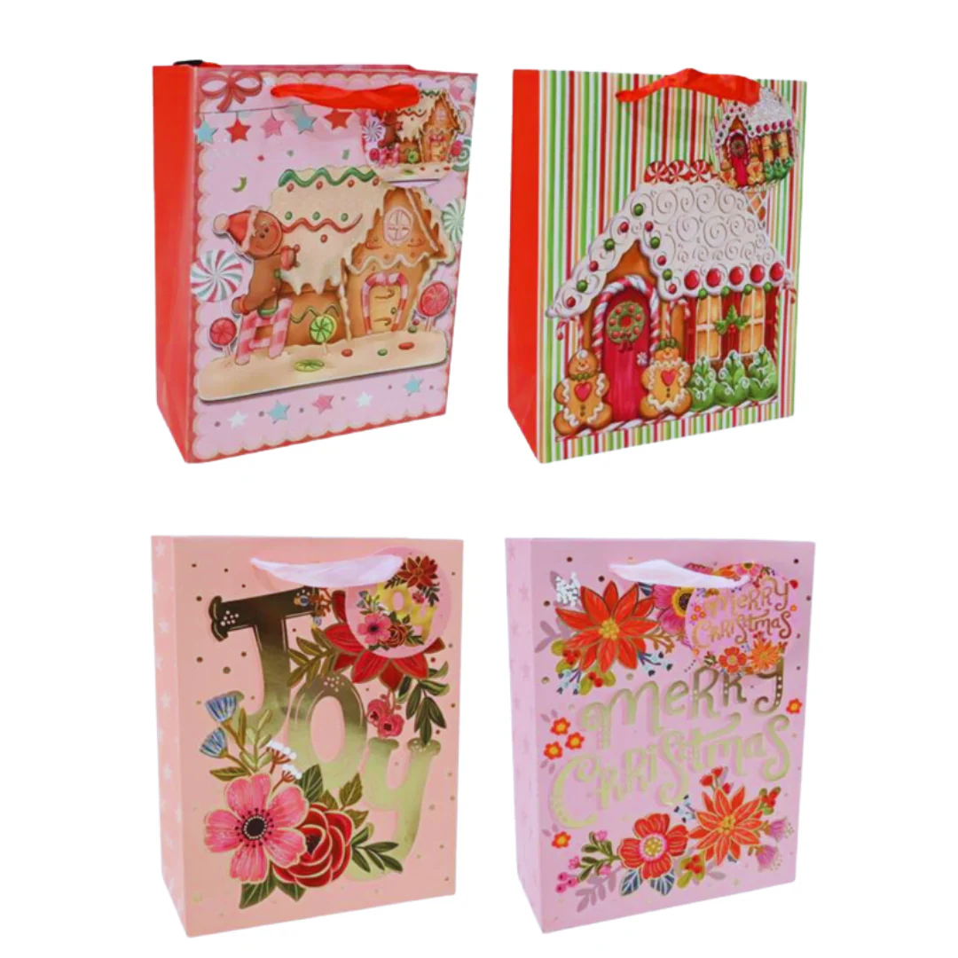 Christmas Gift Bag Floral Pink Foil/Glitter Medium Assorted - Image 2