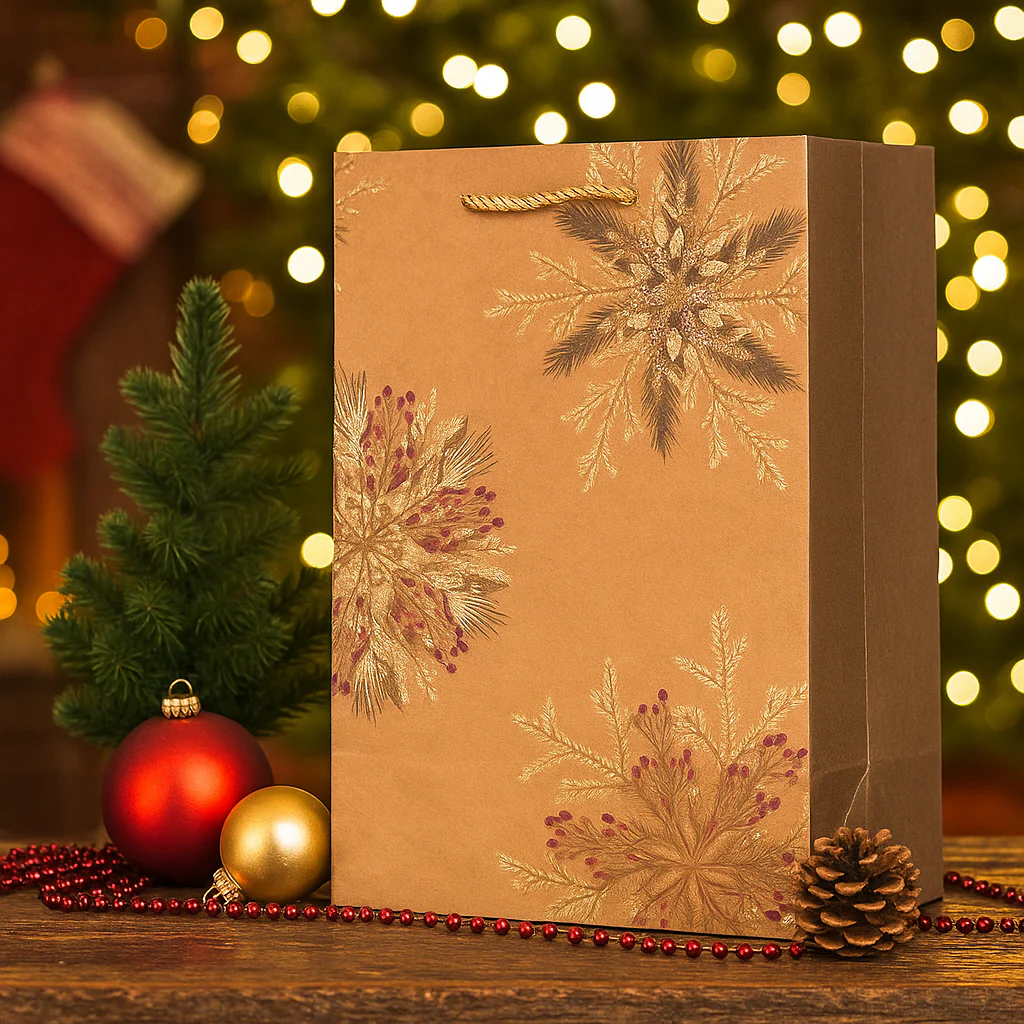 Christmas Gift Bag Kraft with Foil Finish Snowflakes Medium 17.8x23x9.8cm