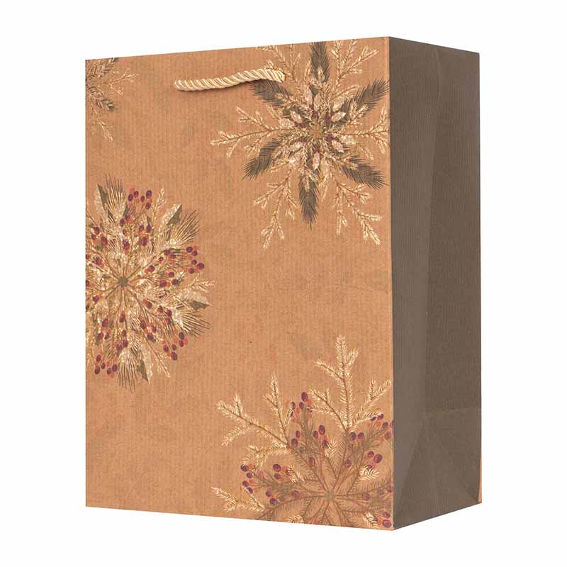 Christmas Gift Bag Kraft with Foil Finish Snowflakes Medium 17.8x23x9.8cm - Image 2