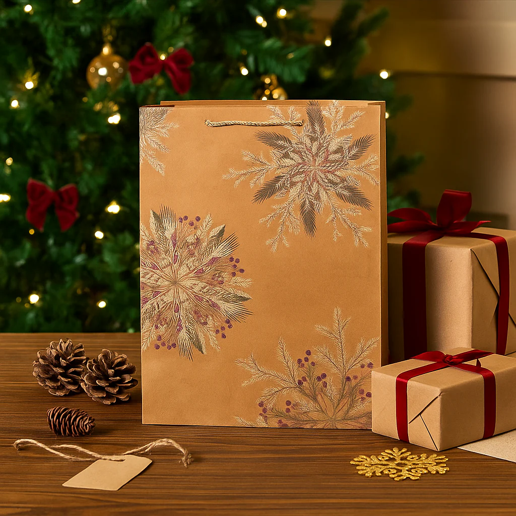 Christmas Gift Bag Kraft with Foil Finish Snowflakes XLarge 33x45.7x10.2cm