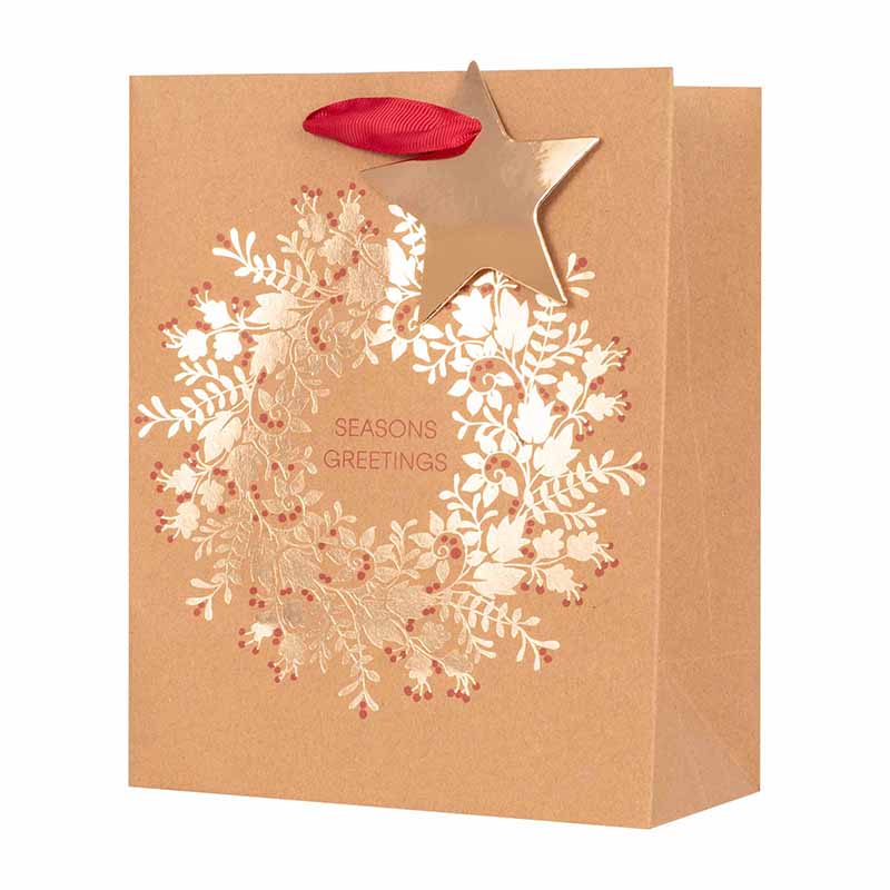 Christmas Gift Bag Kraft with Foil Finish Wreath Medium 17.8x23x9.8cm - Image 2