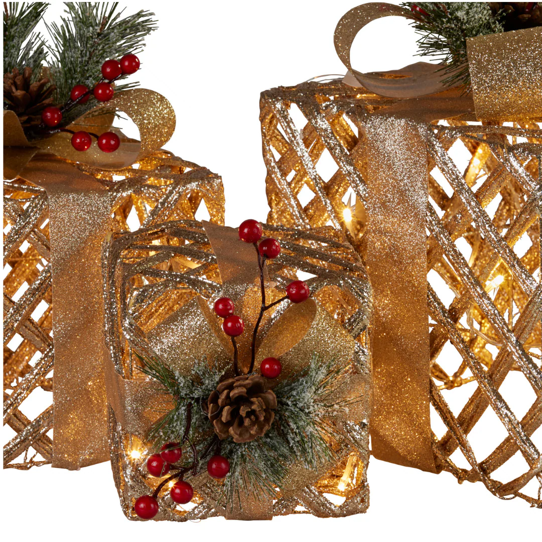 Christmas Gift Boxes with Lights- Champagne with Gold Bows Set of 3 - Image 2