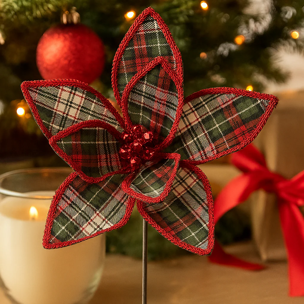 Christmas Tartan Poinsettia Stem 32cmD 50cmL