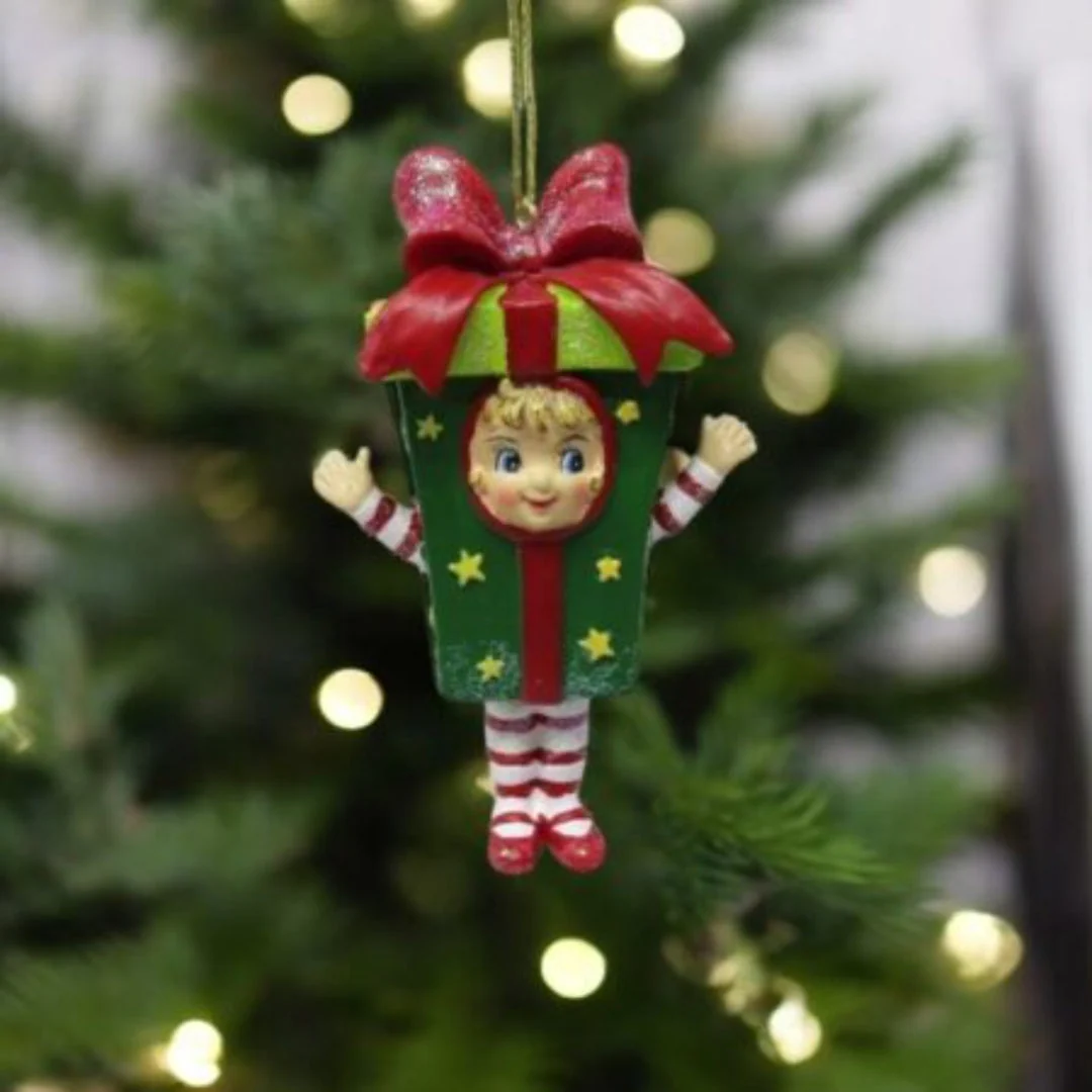 Christmas Tree Deco Elf in Present Costume 10cm