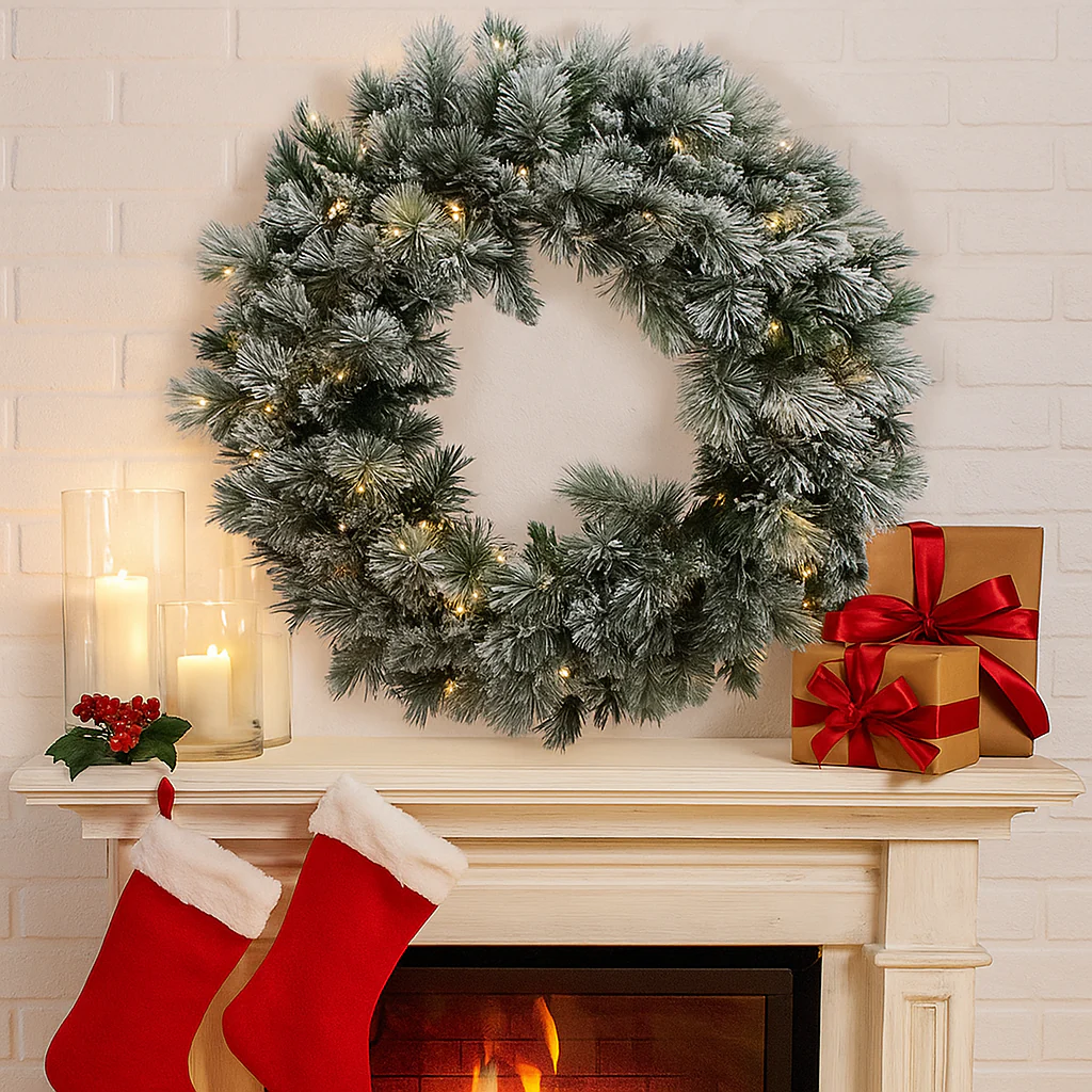 Christmas Wreath Flocked Black 76cm Pre-Lit 100WW