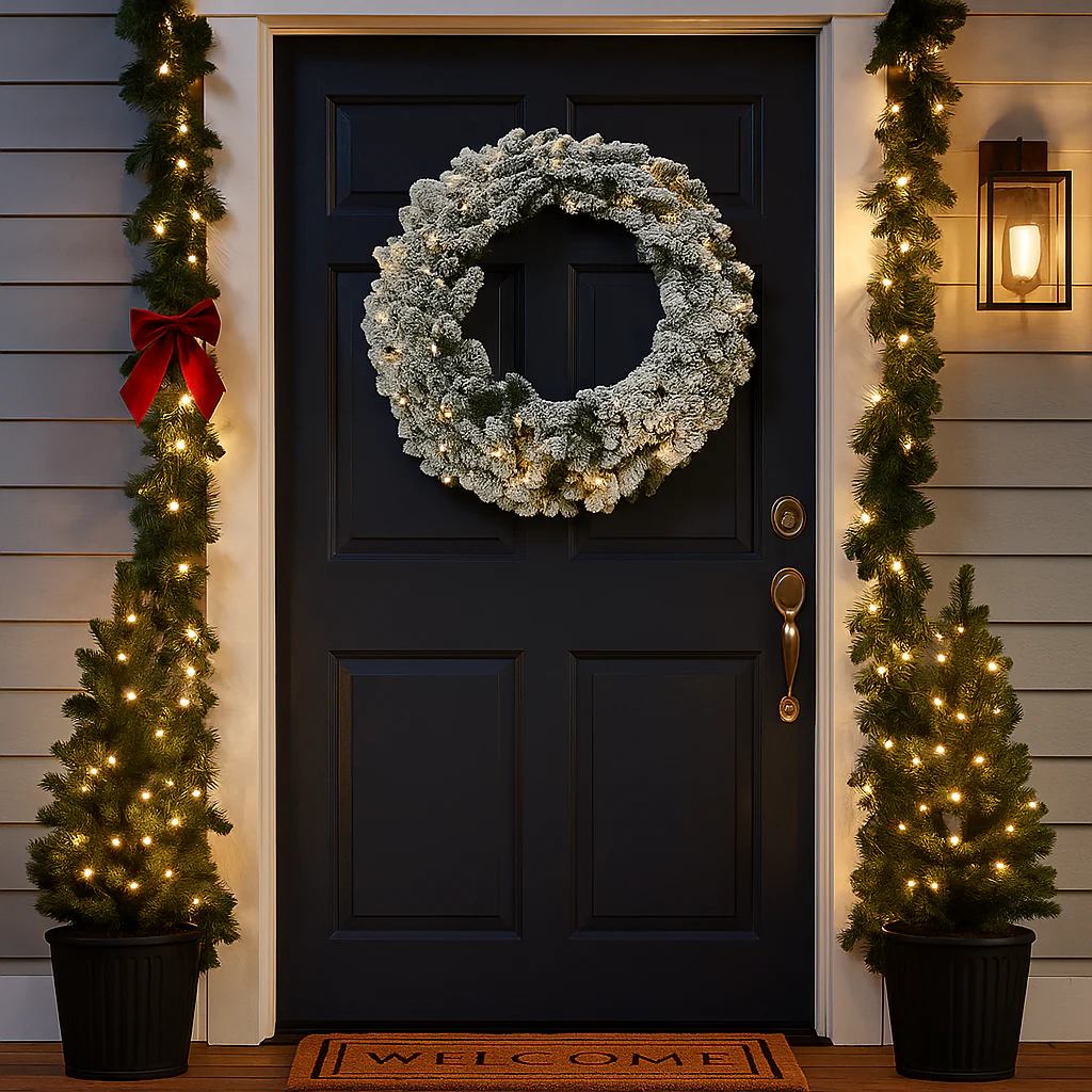 Christmas Wreath Flocked Pollino 76cm Pre Lit 230 Tips 100 Warm White LED Traditional Bulbs