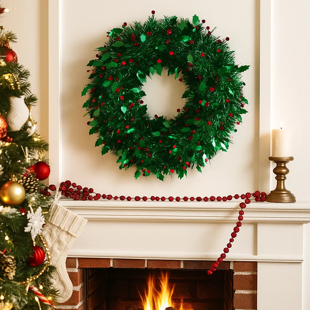 Christmas Wreath Holly Berry Tinsel 45cm