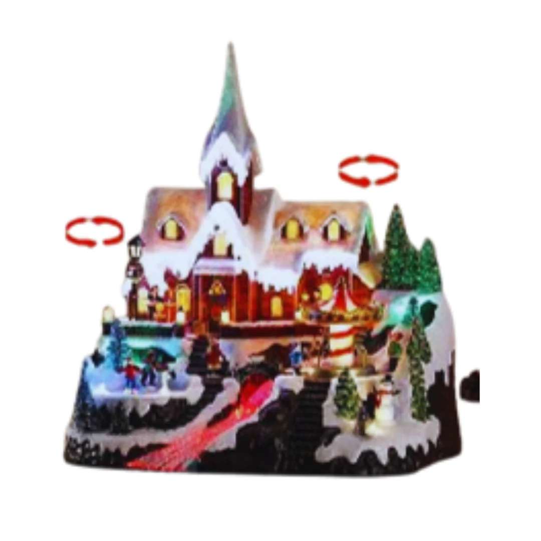 Church With 2 Rotating Rink Christmas LED Church with Turning Skaters and Carousel and Music 33x31x38cm - Image 2