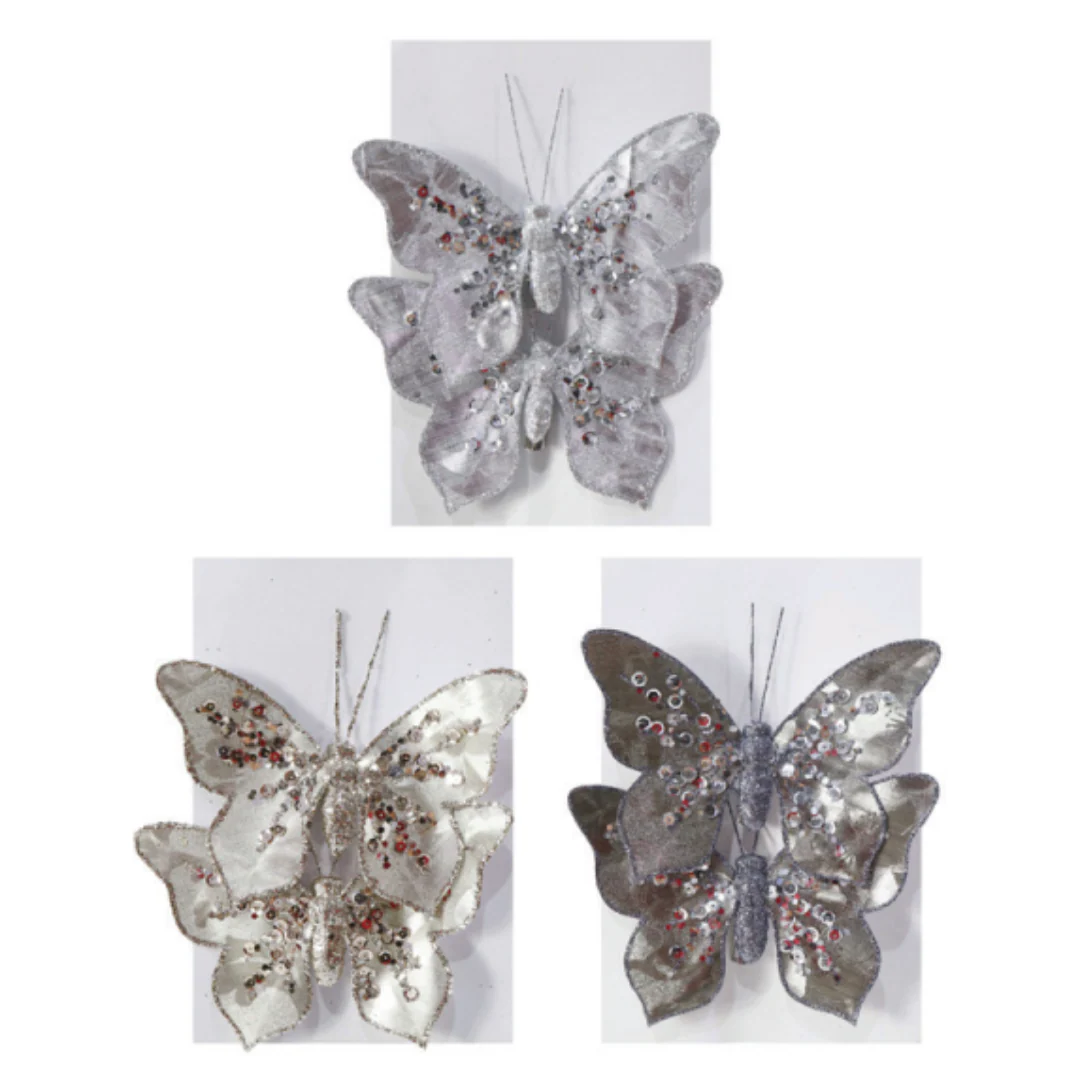 Clip Metallic Fabric Butterfly 2pk 16cm 3 Asstd
