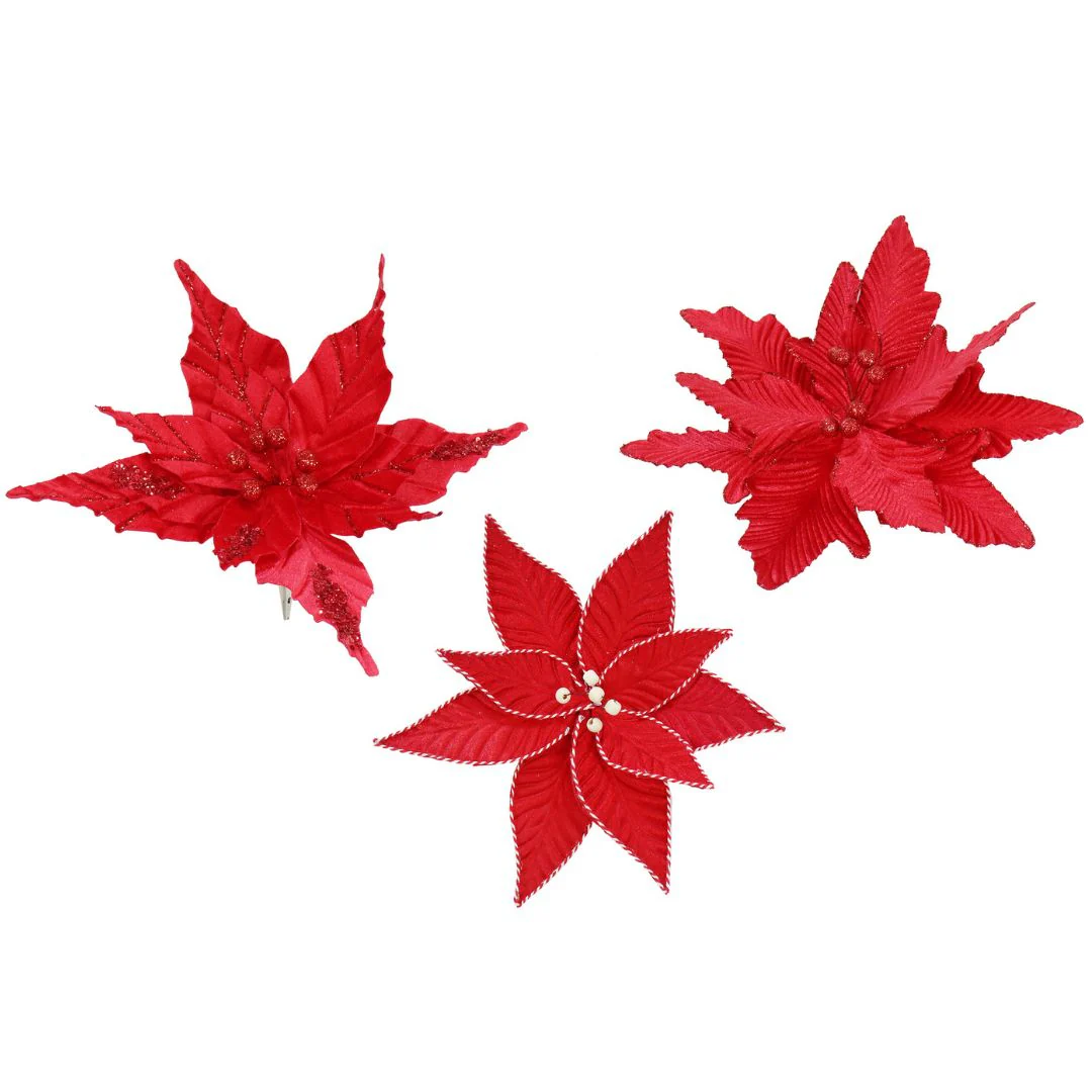 Clip Poinsettia Velvet 25cm Red Assorted
