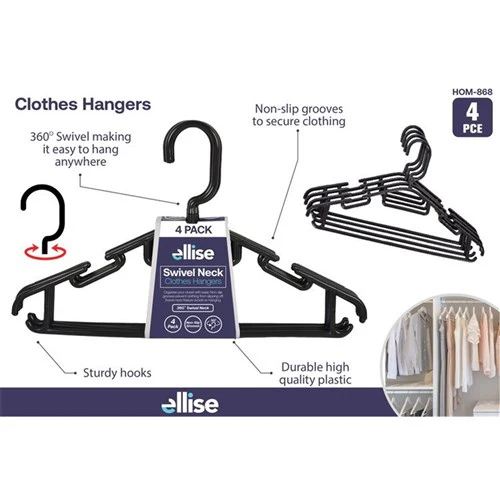 Clothes Hangers Black Swivel 4pc Plastic Coat Hangers