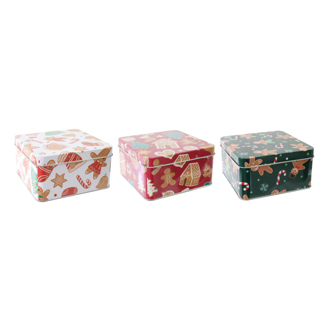 Cookie Tin Sq Gingerbread 12cm Assorted