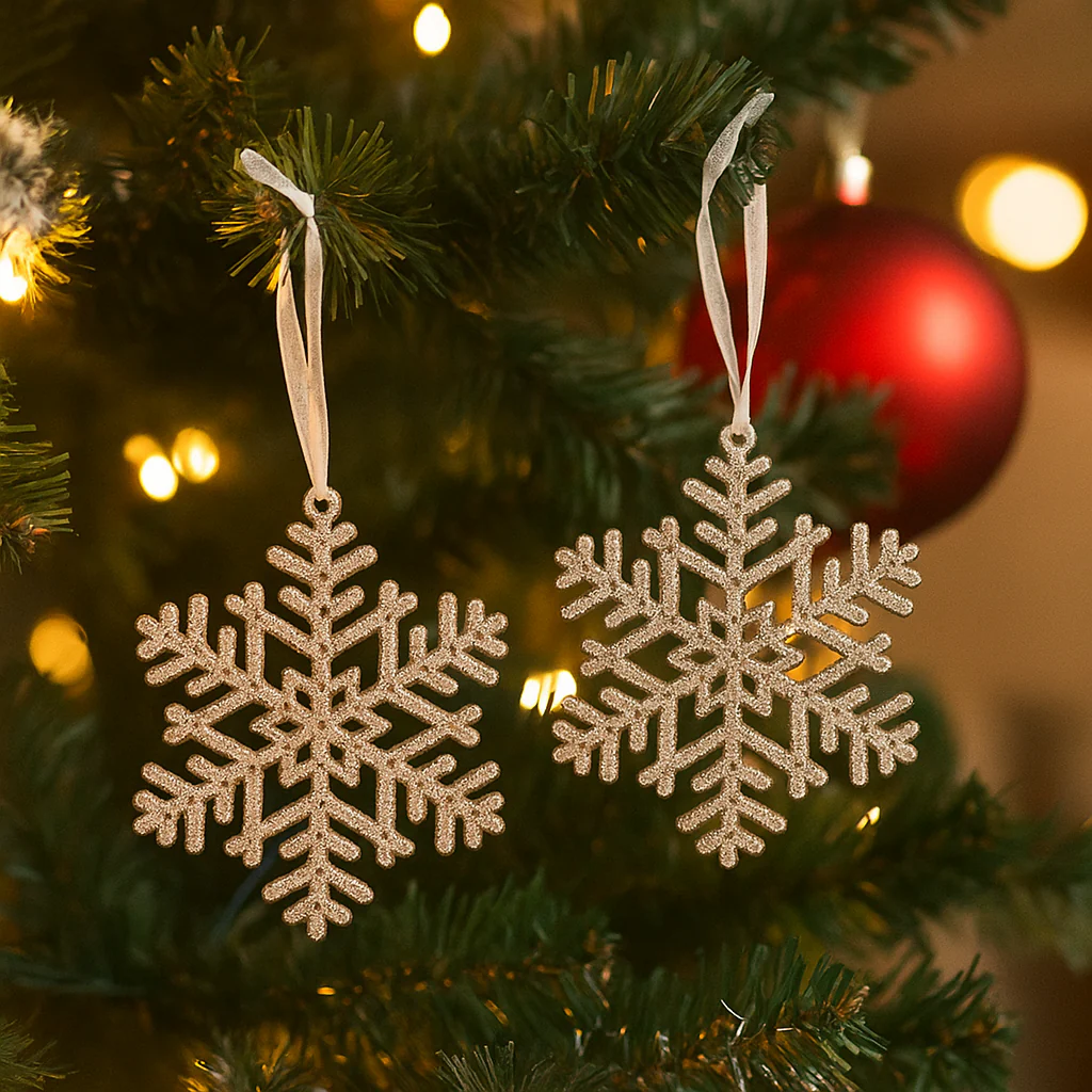 Crylic Snowflake Tree Ornament with Champagne and Sage Green Glitter 2pk 8cm