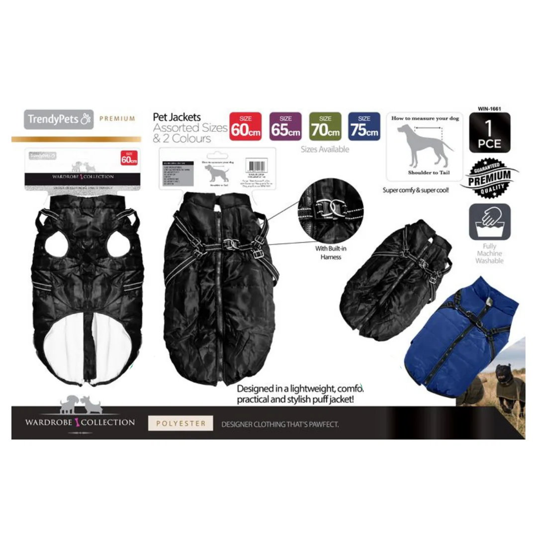 Dog Jacket with Harness 60-65-70-75cm Assorted