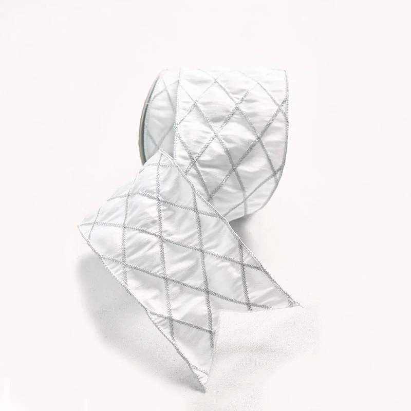 Dupion Ribbon With Diamond Design And Wire Edge 10x500cm White - Image 2