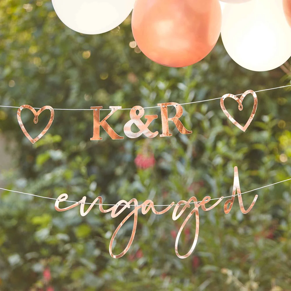 Engaged Bunting with Customisable Initials & Hearts Rose Gold FSC 27pk - Image 2