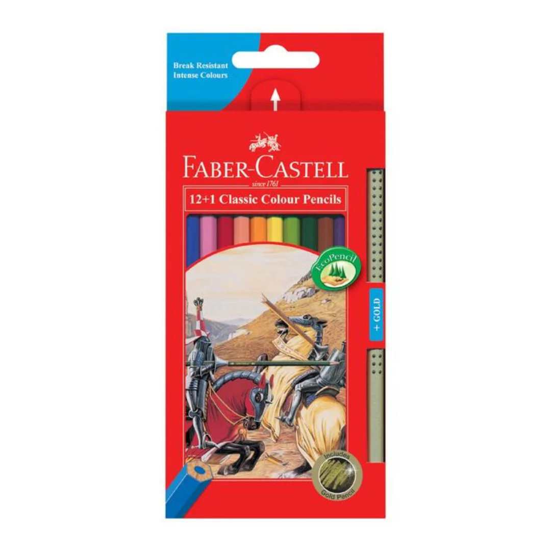 Faber Castell Classic Colour Pencils Assorted Pack of 12+1 Also includes 1 Grip Colour Pencil in Gold
