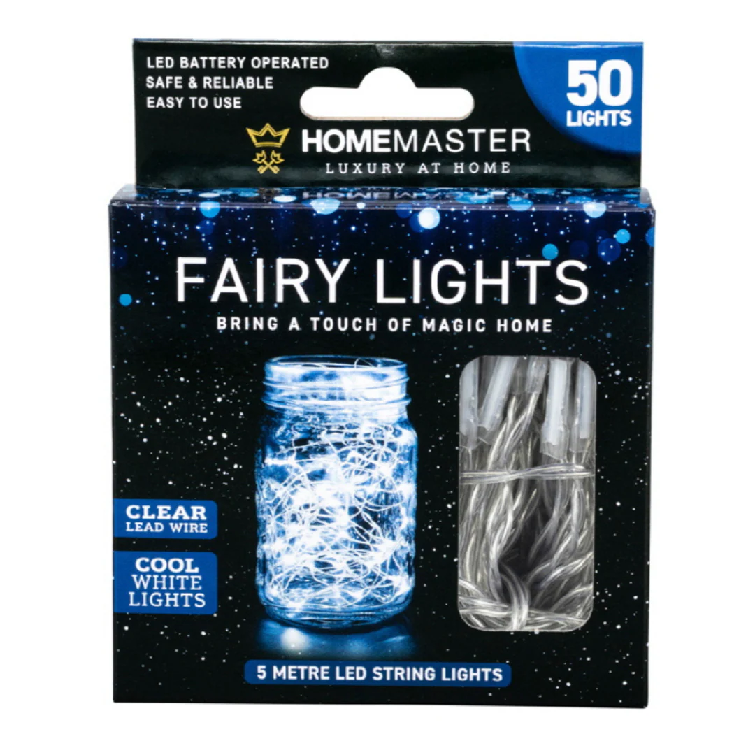 Fairy Lights Battery Operated 50 LED 5m Cool White 2 Function Clear Wire